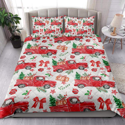 Christmas Quilt Set, Christmas Red Truck Fir Tree Candy Cane Winter Holiday Quilt Blanket