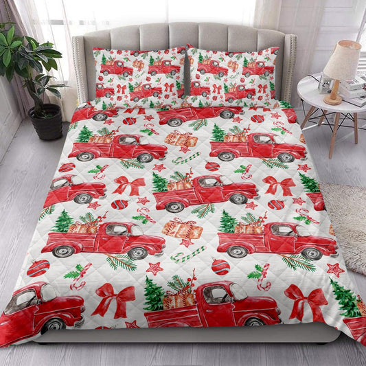Christmas Quilt Set, Christmas Red Truck Fir Tree Candy Cane Winter Holiday Quilt Blanket