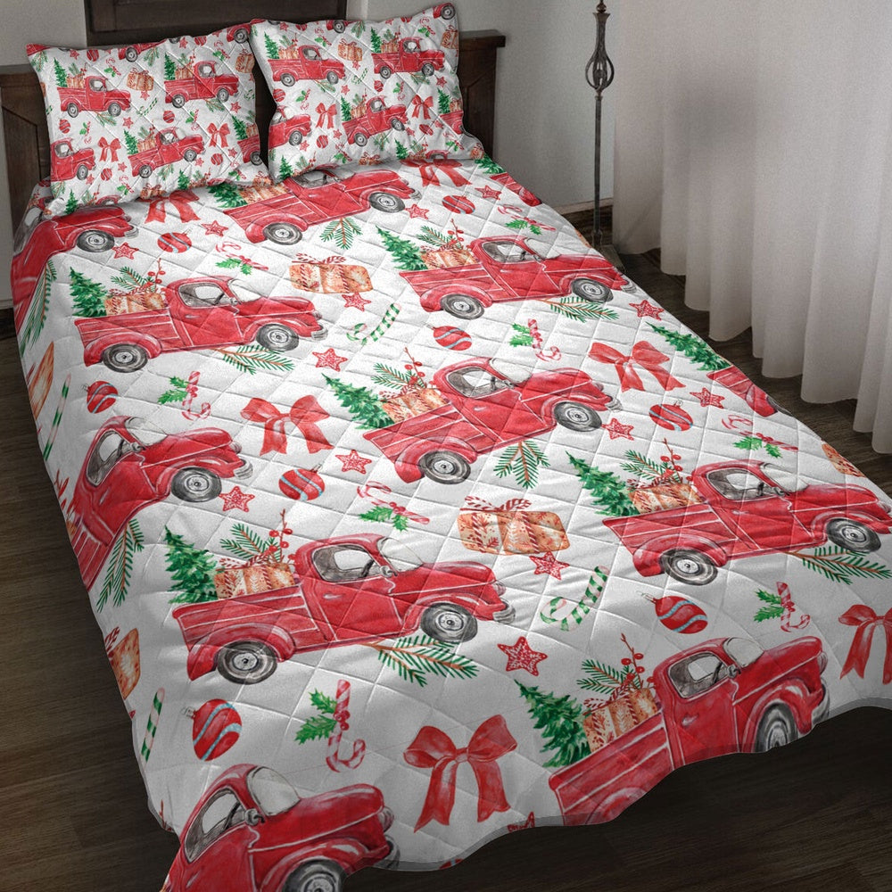 Christmas Quilt Set, Christmas Red Truck Fir Tree Candy Cane Winter Holiday Quilt Blanket