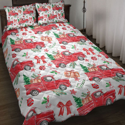 Christmas Quilt Set, Christmas Red Truck Fir Tree Candy Cane Winter Holiday Quilt Blanket