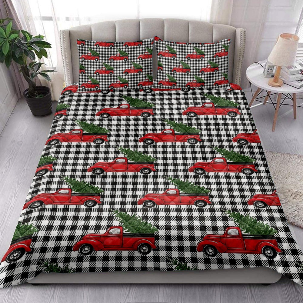 Christmas Quilt Set, Christmas Red Truck Pine Trees Buffalo Plaid Winter Holiday Quilt Blanket