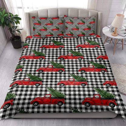 Christmas Quilt Set, Christmas Red Truck Pine Trees Buffalo Plaid Winter Holiday Quilt Blanket