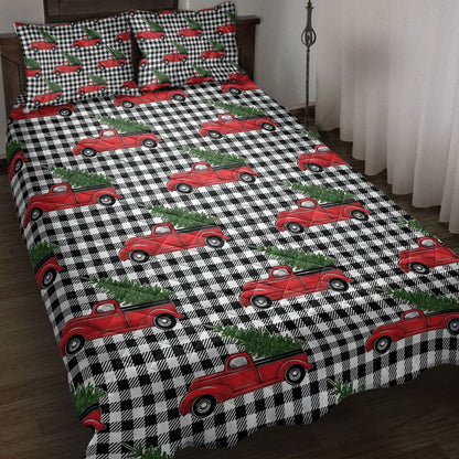 Christmas Quilt Set, Christmas Red Truck Pine Trees Buffalo Plaid Winter Holiday Quilt Blanket