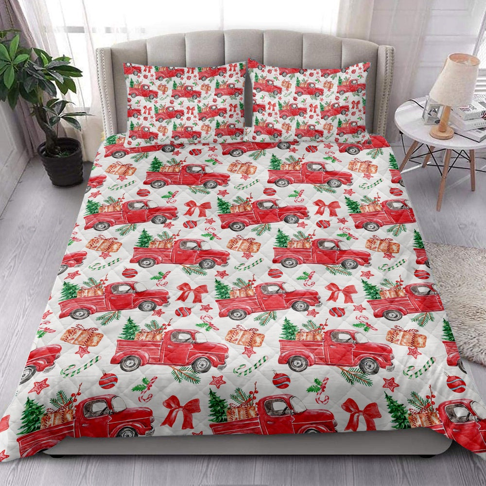 Christmas Quilt Set, Christmas Red Truck Pine Trees Winter Holiday Snowy Treeest Quilt Blanket