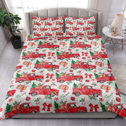 Christmas Quilt Set, Christmas Red Truck Pine Trees Winter Holiday Snowy Treeest Quilt Blanket