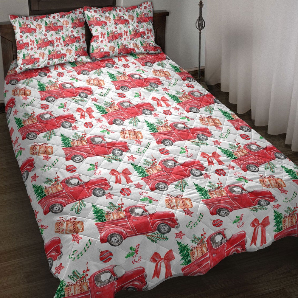 Christmas Quilt Set, Christmas Red Truck Pine Trees Winter Holiday Snowy Treeest Quilt Blanket