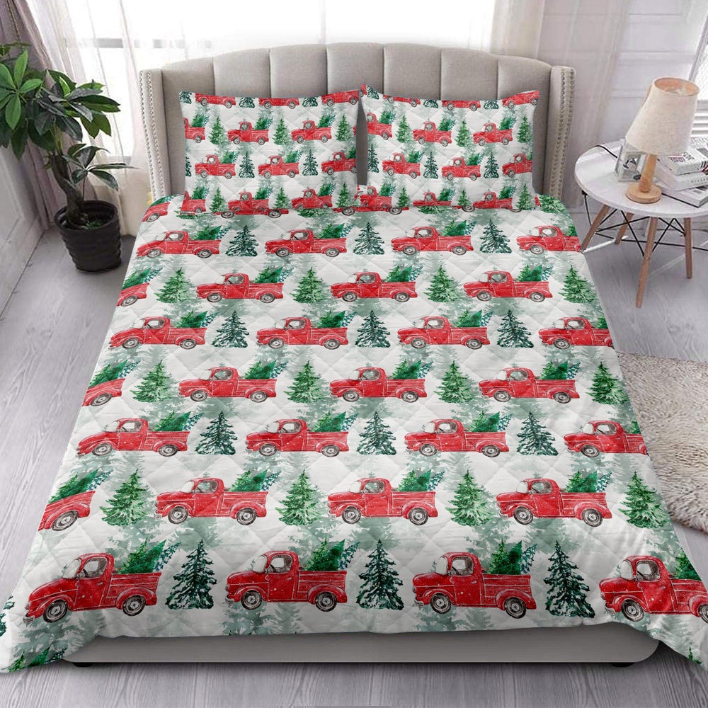 Christmas Quilt Set, Christmas Red Truck Winter Holiday Snow Spruce Pine Tree Quilt Blanket