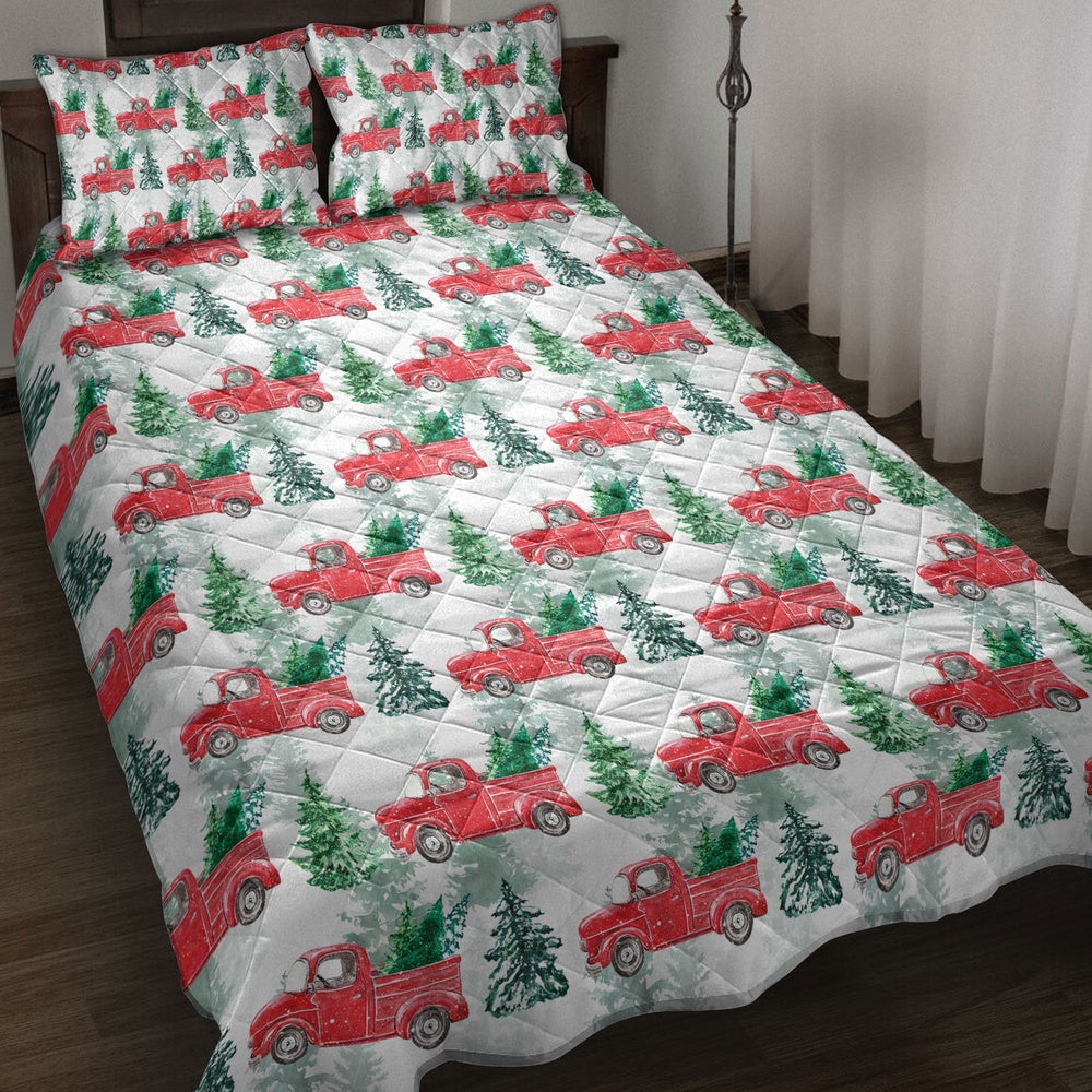 Christmas Quilt Set, Christmas Red Truck Winter Holiday Snow Spruce Pine Tree Quilt Blanket