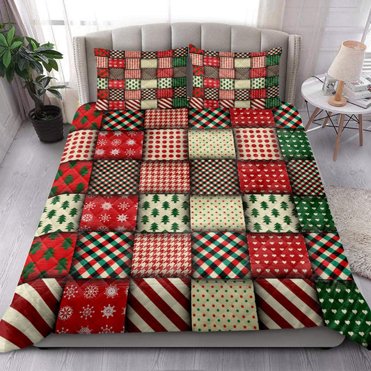 Christmas Quilt Set, Christmas Seamless Patchwork Plaid Xmas Holidays Quilt Blanket