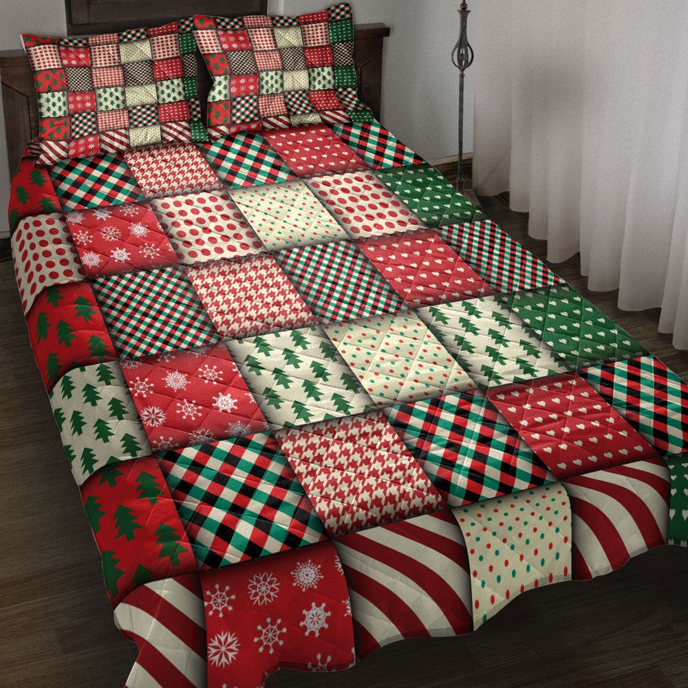 Christmas Quilt Set, Christmas Seamless Patchwork Plaid Xmas Holidays Quilt Blanket