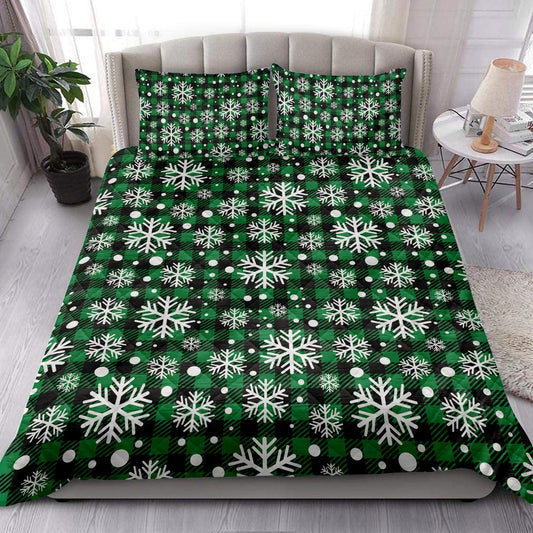 Christmas Quilt Set, Christmas Snowflake Green Grid White Buffalo Plaids Quilt Blanket