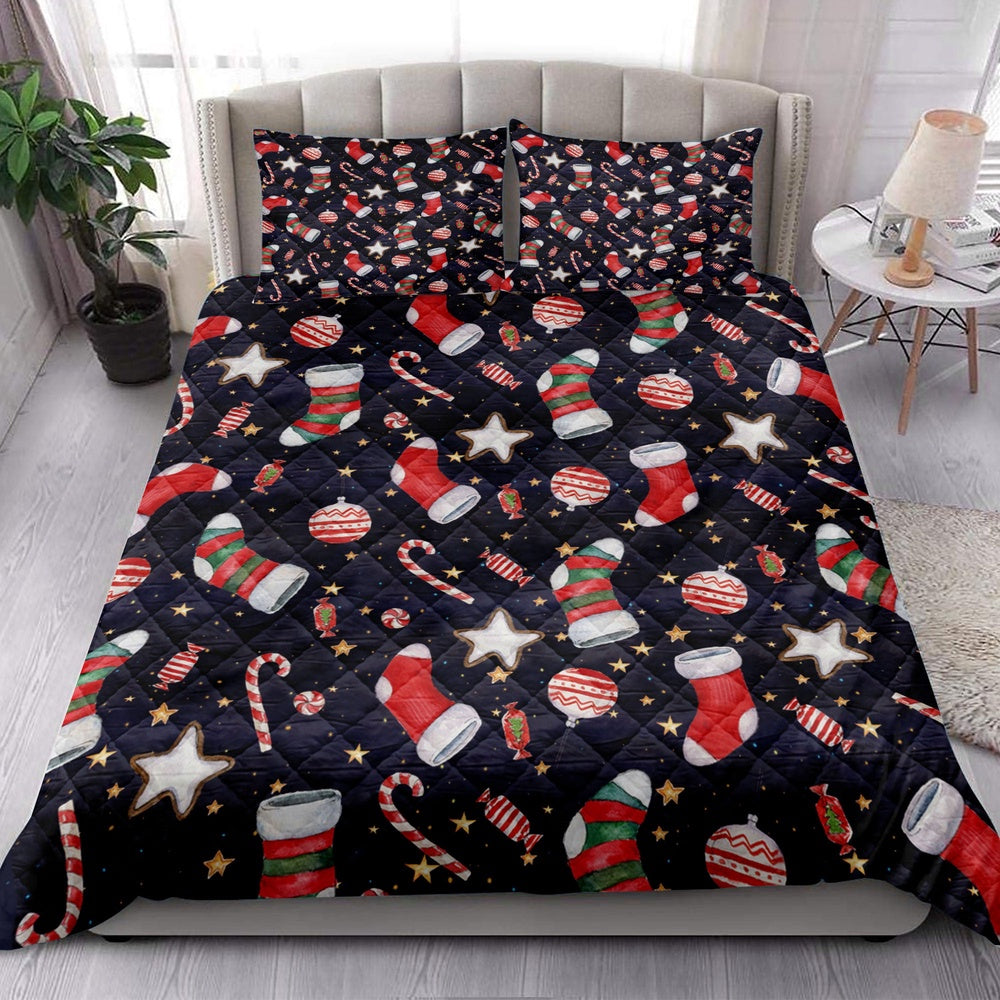 Christmas Quilt Set, Christmas Stocking Candy And Red Balls Quilt Blanket