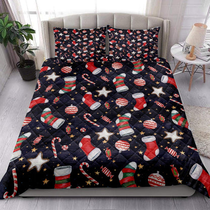 Christmas Quilt Set, Christmas Stocking Candy And Red Balls Quilt Blanket