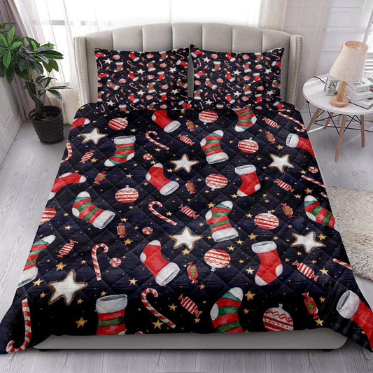 Christmas Quilt Set, Christmas Stocking Candy And Red Balls Quilt Blanket