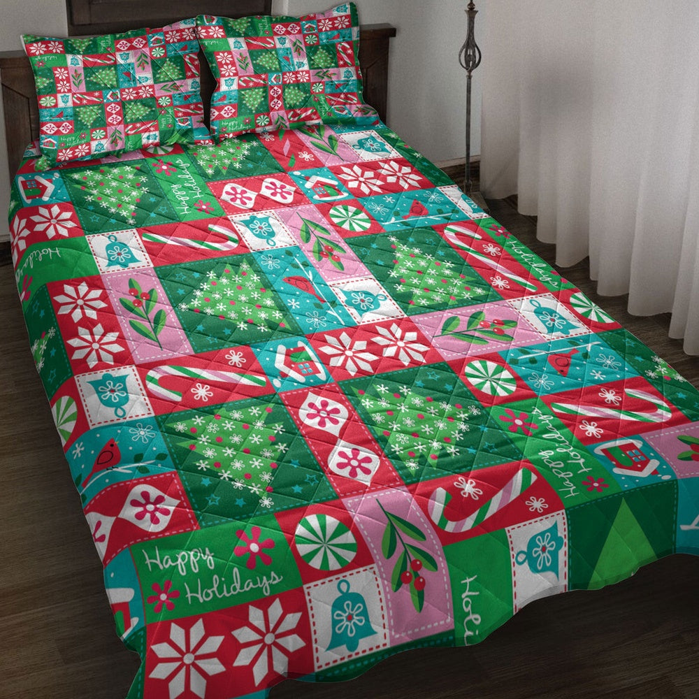 Christmas Quilt Set, Christmas Tree Candy Snowflake Patchwork Xmas Holidays Quilt Blanket
