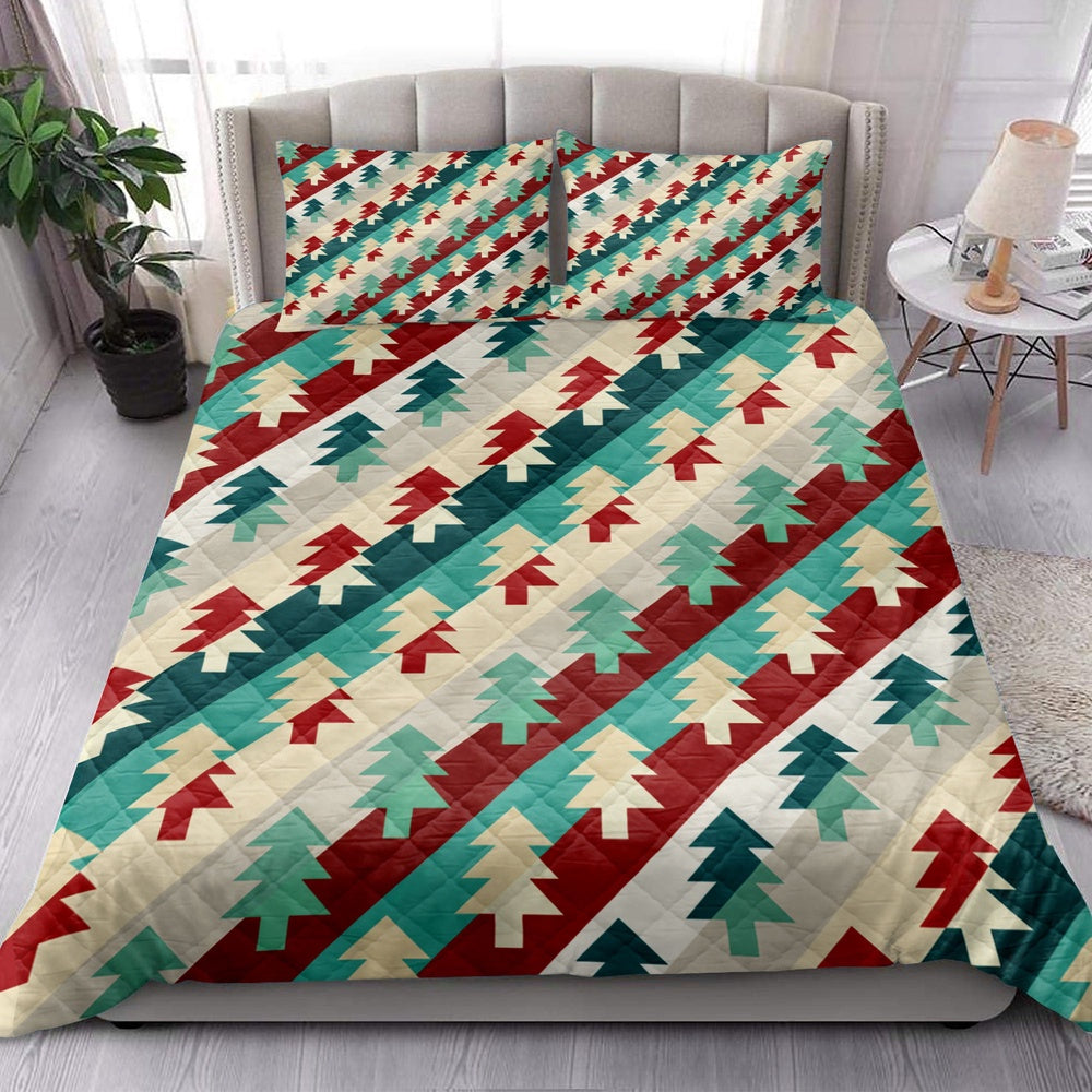 Christmas Quilt Set, Christmas Tree Coloful Xmas Holiday Seasons Quilt Blanket