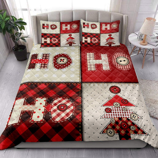 Christmas Quilt Set, Christmas Tree Hohoho Buffalo Red Plaid Xmas Holiday Quilt Blanket