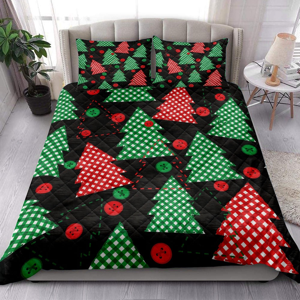 Christmas Quilt Set, Christmas Tree Red Green Plaid Xmas Holidays Quilt Blanket
