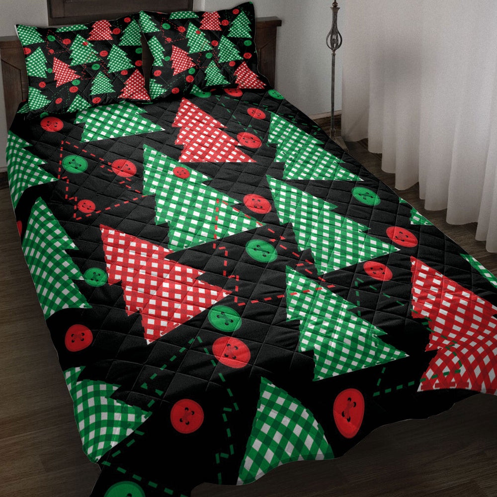 Christmas Quilt Set, Christmas Tree Red Green Plaid Xmas Holidays Quilt Blanket