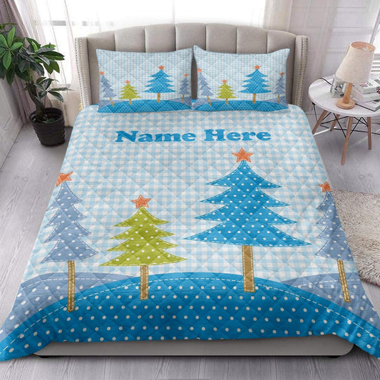 Christmas Quilt Set, Christmas Trees Patchwork Style Snowflake Xmas Holidays Quilt Blanket