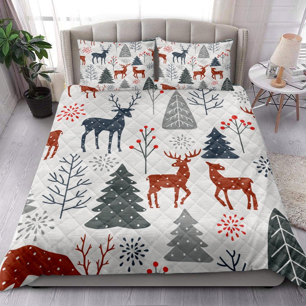 Christmas Quilt Set, Christmas With Trees Spruces Reindeer Winter Holidaymas Quilt Blanket