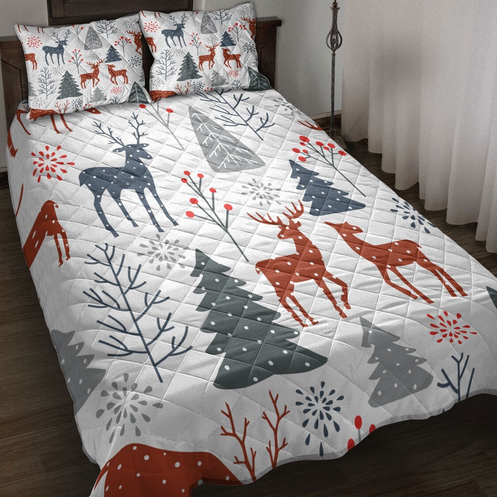 Christmas Quilt Set, Christmas With Trees Spruces Reindeer Winter Holidaymas Quilt Blanket