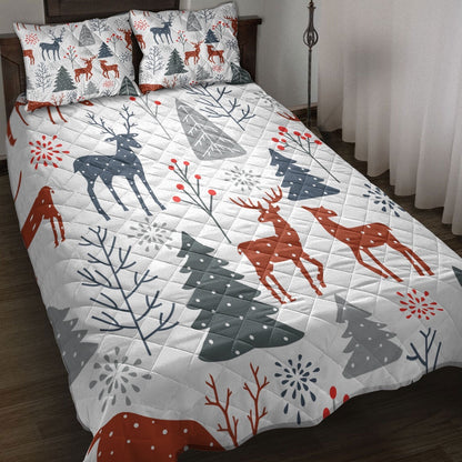 Christmas Quilt Set, Christmas With Trees Spruces Reindeer Winter Holidaymas Quilt Blanket