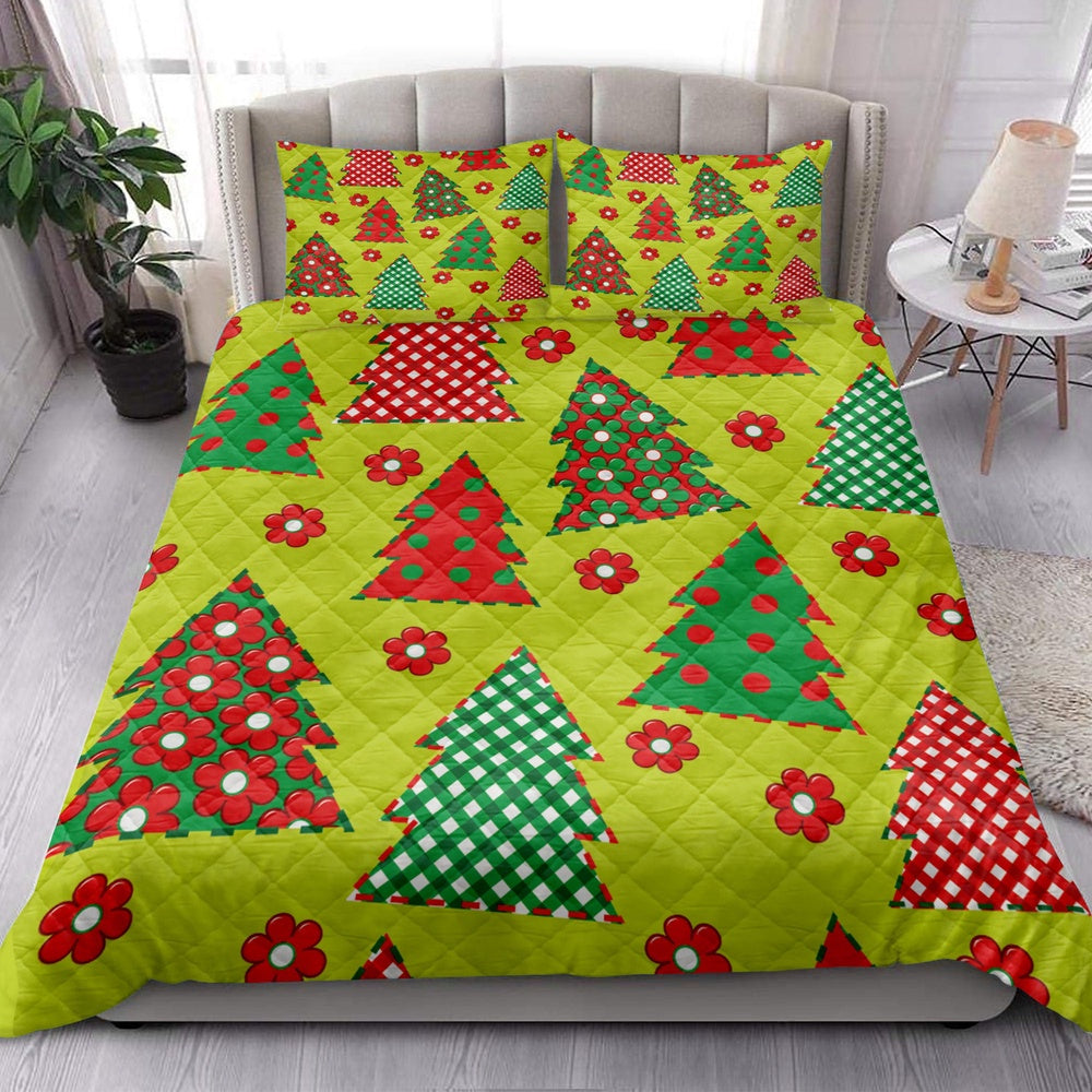 Christmas Quilt Set, Christmas Wrapping Paper Flower Red Plaid Xmas Holidays Quilt Blanket
