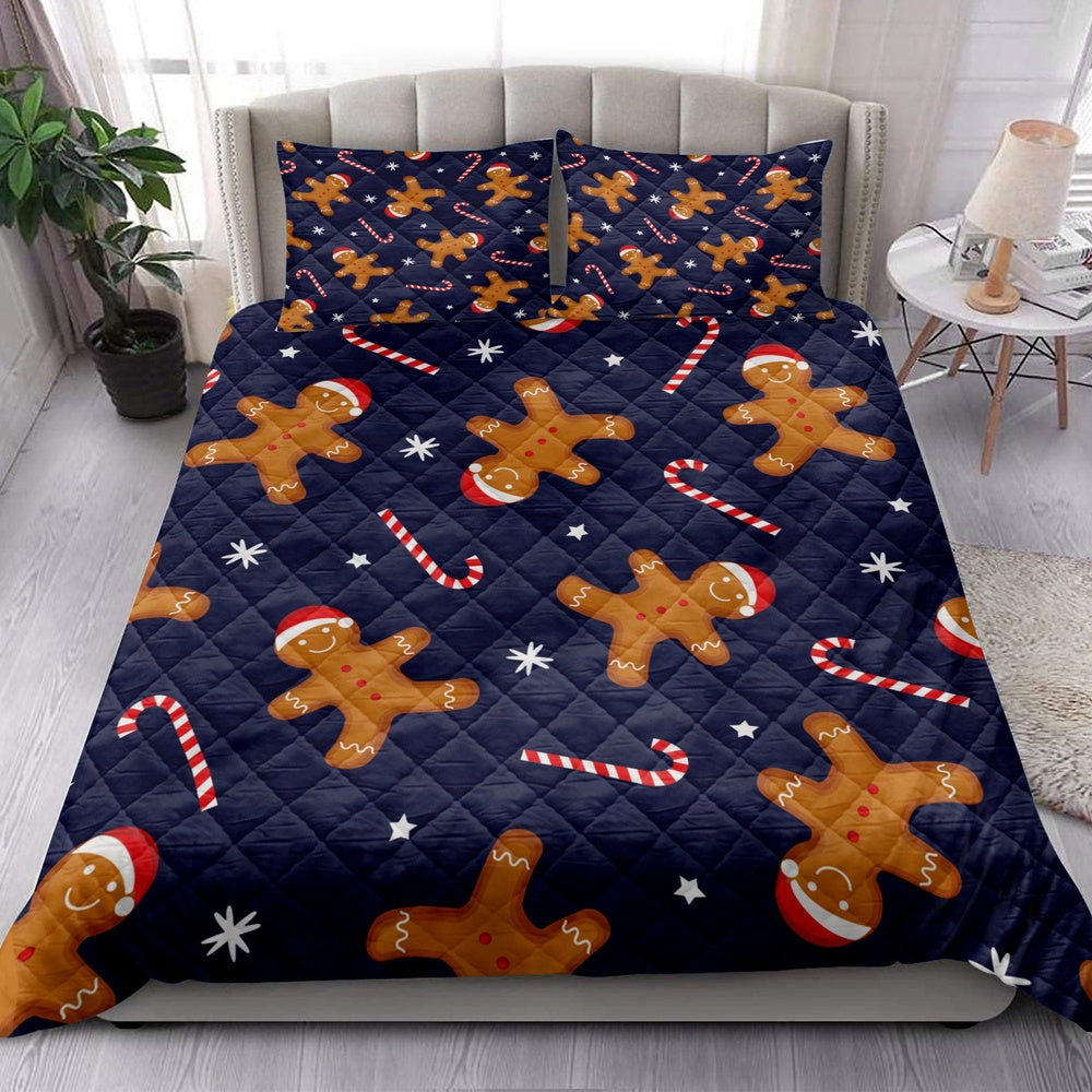 Christmas Quilt Set, Gingerbread Man Xmas Hat Candy Cane Winter Holidaymass Quilt Blanket
