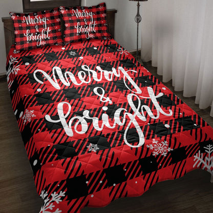 Christmas Quilt Set, Merry & Bright Snowflake Red Buffalo Plaid Checkmas Quilt Blanket