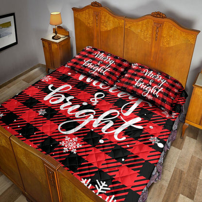 Christmas Quilt Set, Merry & Bright Snowflake Red Buffalo Plaid Checkmas Quilt Blanket