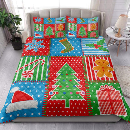 Christmas Quilt Set, Merrymas Plaid Xmas Tree Santa Hat Fsnowflakes Quilt Blanket