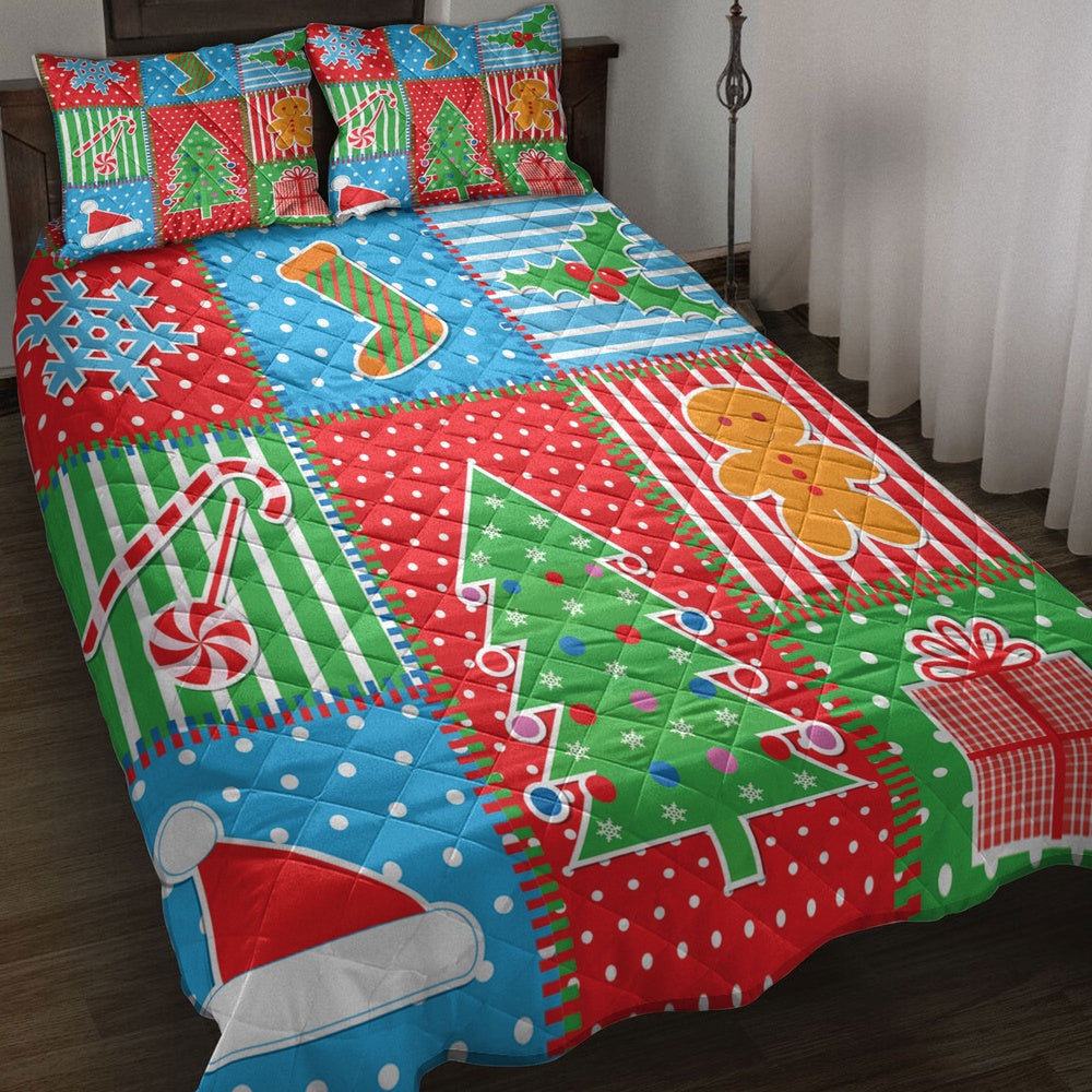 Christmas Quilt Set, Merrymas Plaid Xmas Tree Santa Hat Fsnowflakes Quilt Blanket