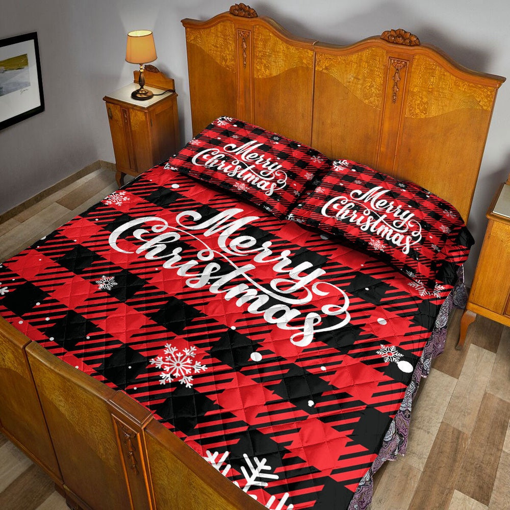 Christmas Quilt Set, Merrymas Snowflake Red Buffalo Check Xmas Winter Quilt Blanket