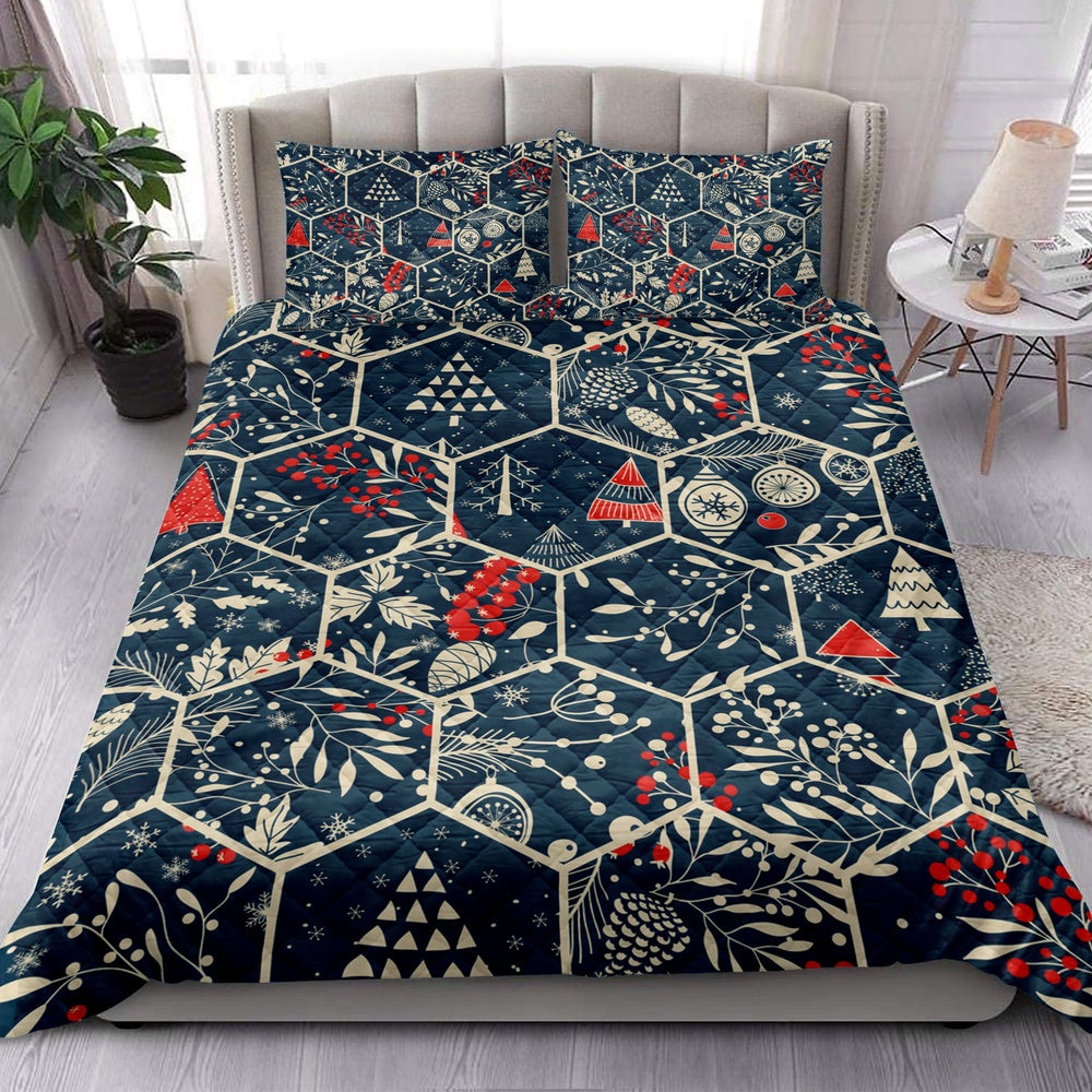 Christmas Quilt Set, Merrymas With Fir Conemas Trees Holly Leaves Berries Quilt Blanket