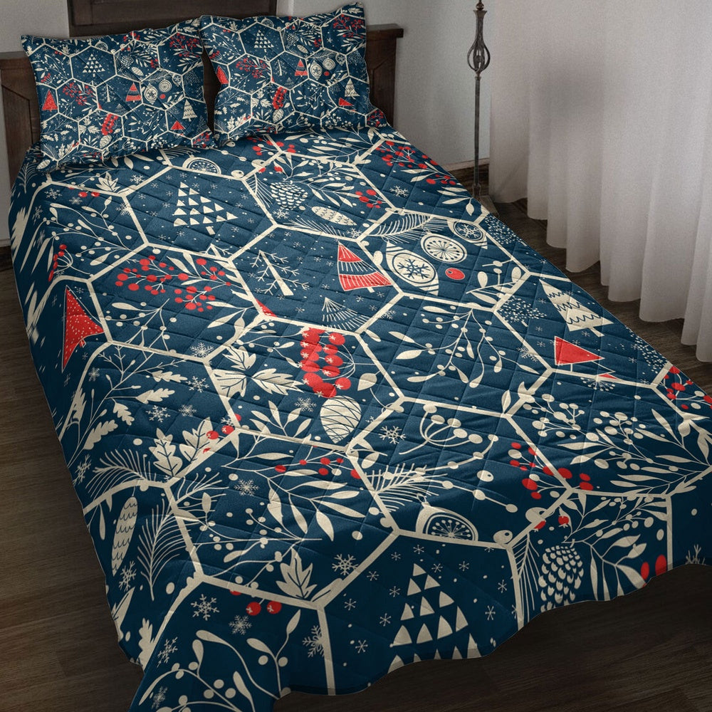 Christmas Quilt Set, Merrymas With Fir Conemas Trees Holly Leaves Berries Quilt Blanket