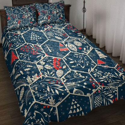 Christmas Quilt Set, Merrymas With Fir Conemas Trees Holly Leaves Berries Quilt Blanket
