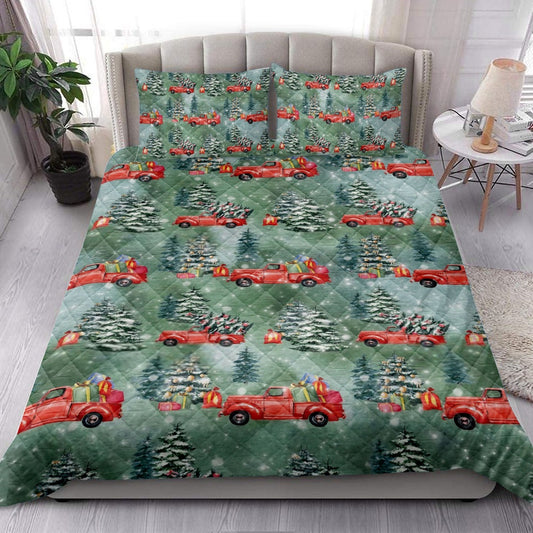 Christmas Quilt Set, Old Red Truck Carmas Tree Pine Tree Winter Holiday Quilt Blanket