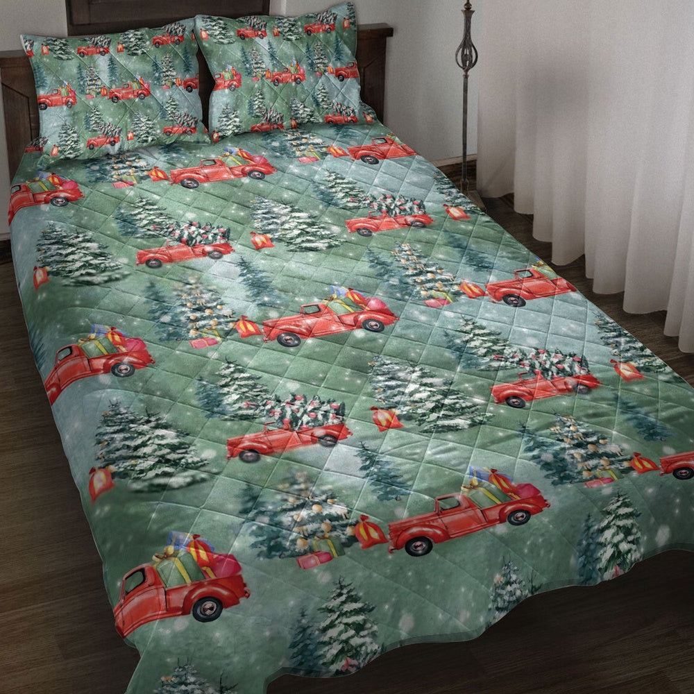 Christmas Quilt Set, Old Red Truck Carmas Tree Pine Tree Winter Holiday Quilt Blanket