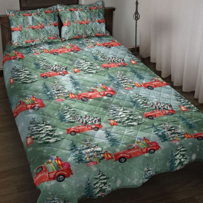 Christmas Quilt Set, Old Red Truck Carmas Tree Pine Tree Winter Holiday Quilt Blanket
