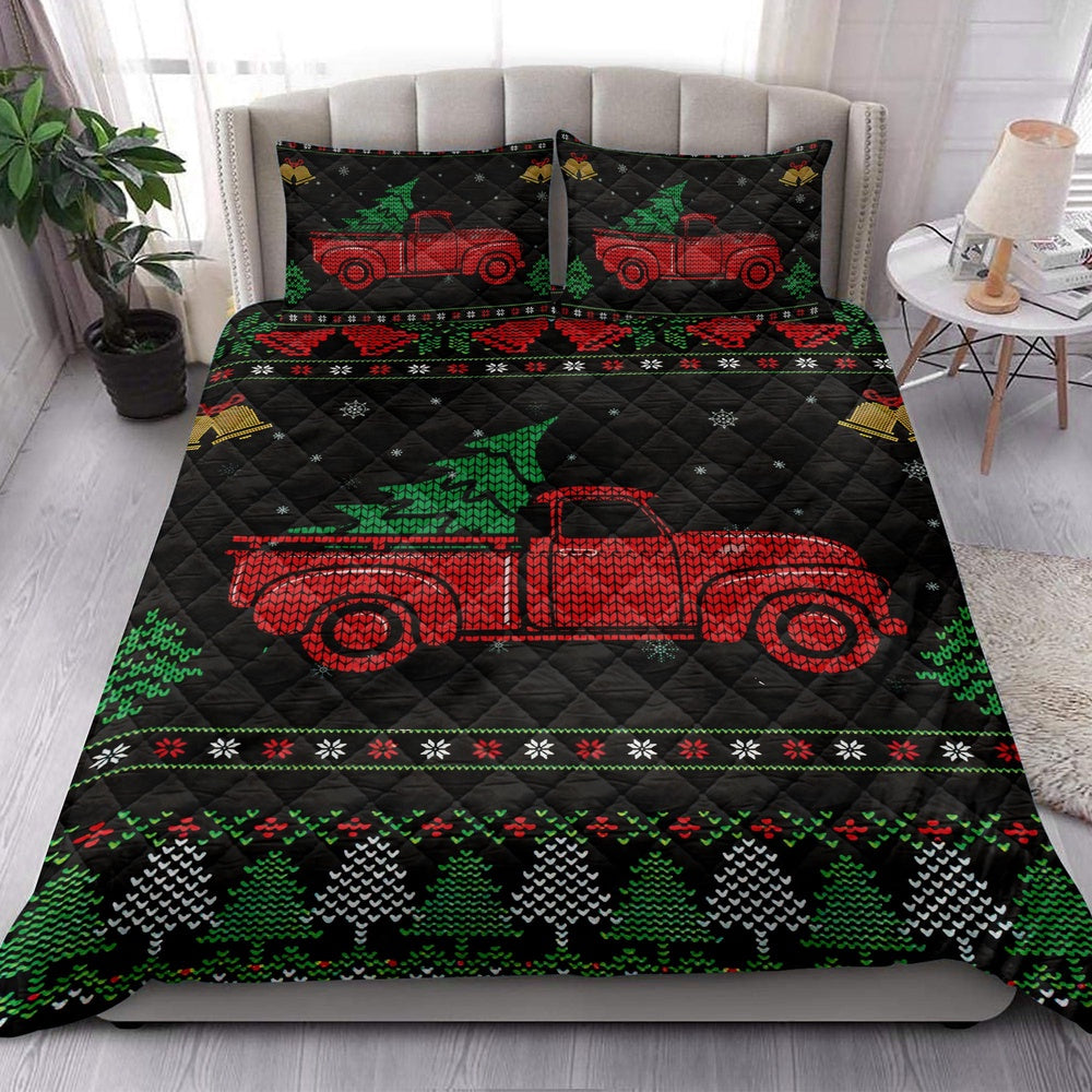 Christmas Quilt Set, Red Truck Withmas Tree Snowflake Bell Ugly Chrismas Quilt Blanket