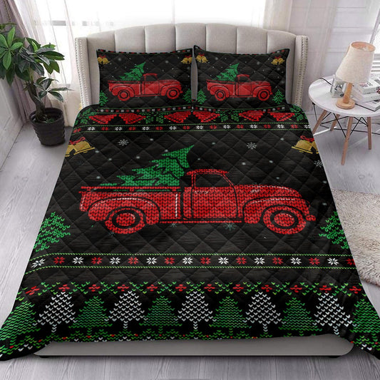Christmas Quilt Set, Red Truck Withmas Tree Snowflake Bell Ugly Chrismas Quilt Blanket