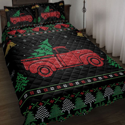Christmas Quilt Set, Red Truck Withmas Tree Snowflake Bell Ugly Chrismas Quilt Blanket