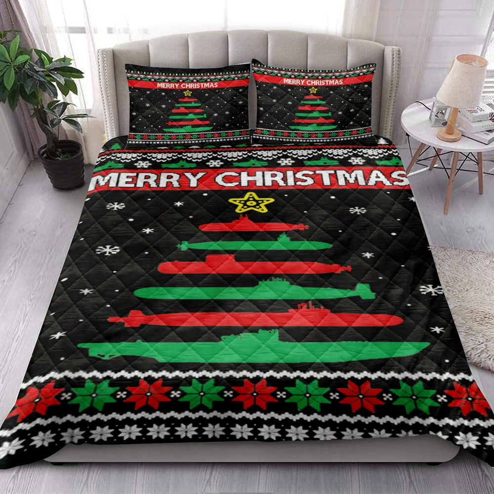 Christmas Quilt Set, Submarine Military Tree Funnymas Tree Quilt Blanket