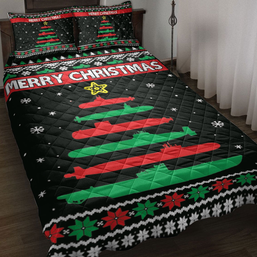 Christmas Quilt Set, Submarine Military Tree Funnymas Tree Quilt Blanket