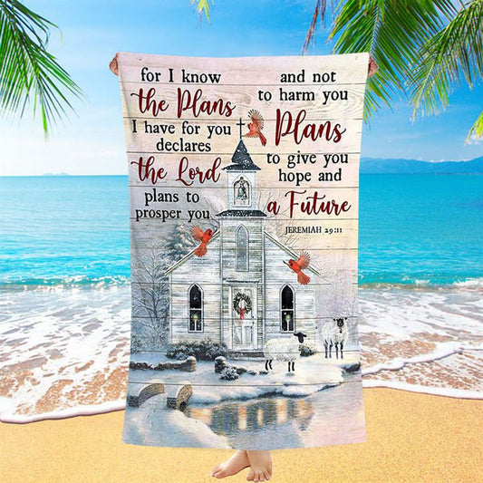 Church Cardinal Sheep Winter - For I Know The Plans I Have For You Beach Towel - Christian Beach Towel - Bible Verse Beach Towel