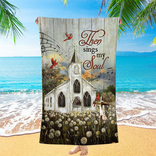 Church Lovely Red Cardinals Stunning Flower Field Beach Towel-Then Sings My Soul Beach Towel - Christian Beach Towel