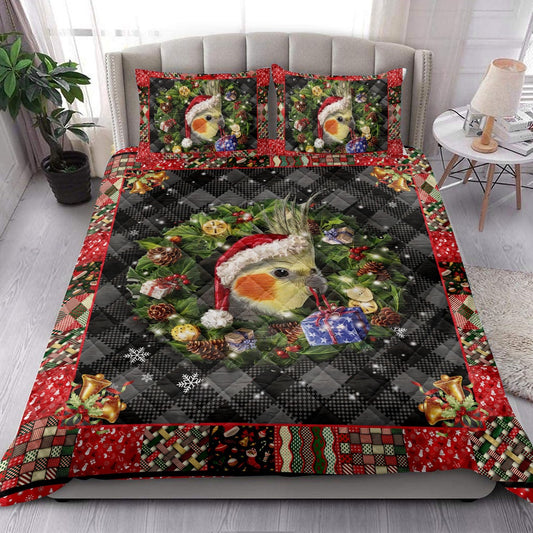 Cockatiel Quilt Set, Cockatiel Wearingmas Hat Wreath Parrot Quilt Blanket