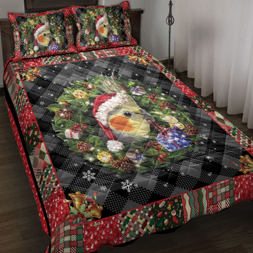 Cockatiel Quilt Set, Cockatiel Wearingmas Hat Wreath Parrot Quilt Blanket