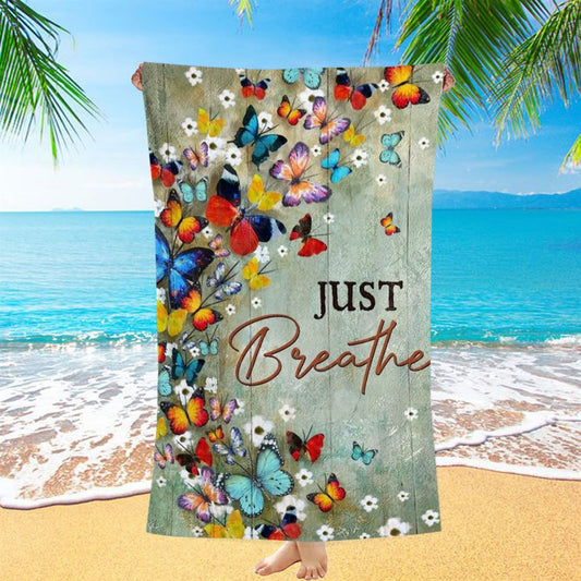Colorful Butterflies, White Flowers, Just Breathe Beach Towel, Christian Beach Towel, Christian Gift, Gift For Women